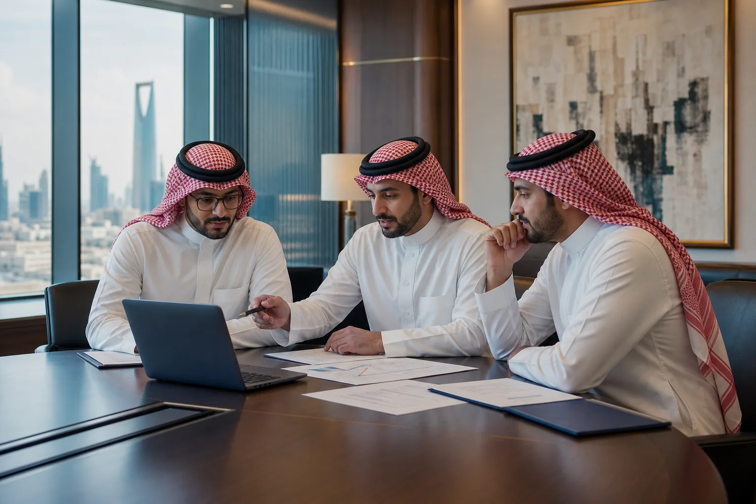 رجال سعوديون يراجعون ميزانية قضية تحكيم تجاري